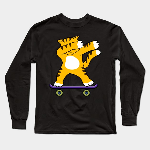 Dabbing Skater Cat Funny Dab Dance Skateboard Long Sleeve T-Shirt by Foxxy Merch